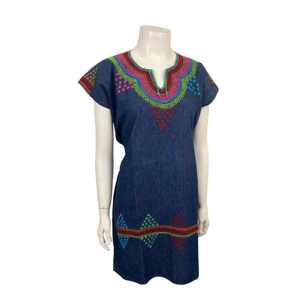 Vintage Rainbow Denim Embroidered  Mini Dress Tie Back Tunic Top / Small -